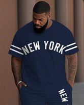 Men's Plus Size Old School New York Lettering Stripes Short Sleeve T-Shirt Shorts Suit